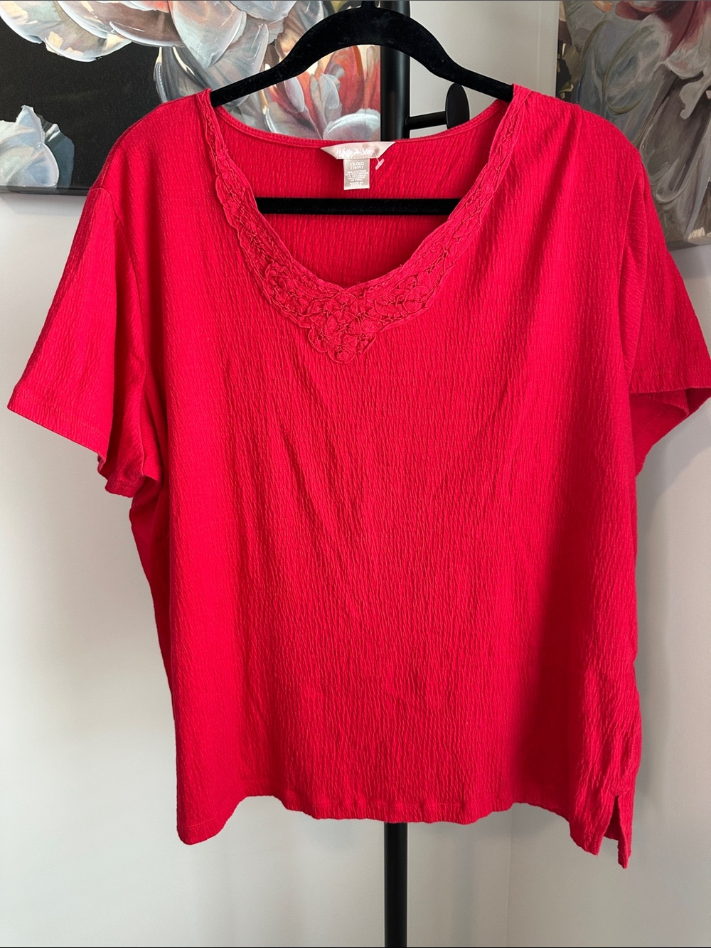 White Stag Red V-Neck Short Sleeve Top with crochet Trim